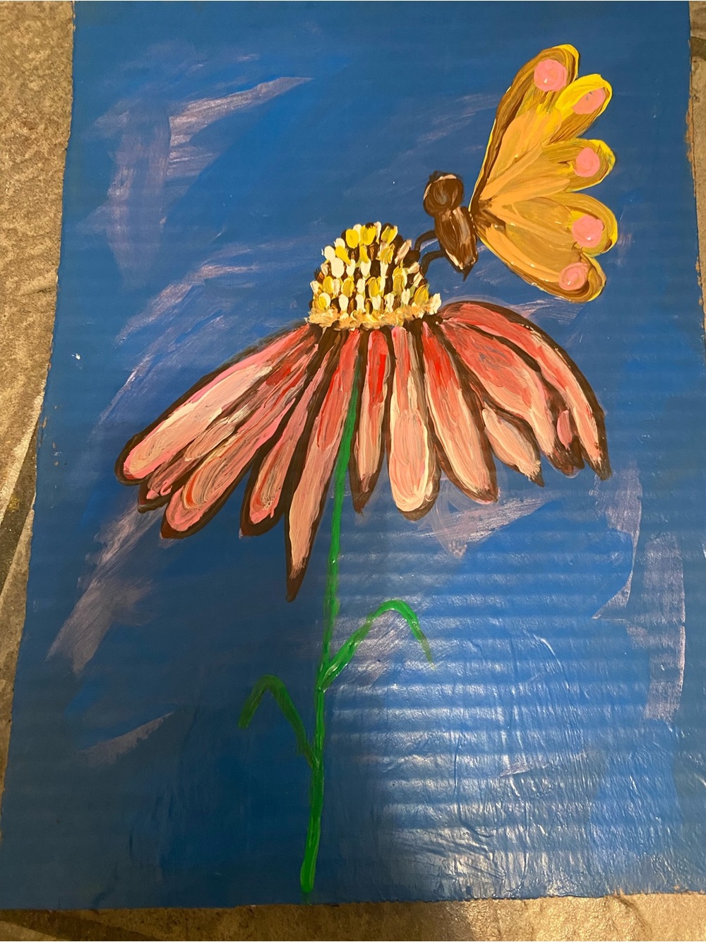 Hand-Painted Pink Coneflower with Yellow Butterfly Wall Art 9x12 cardboard